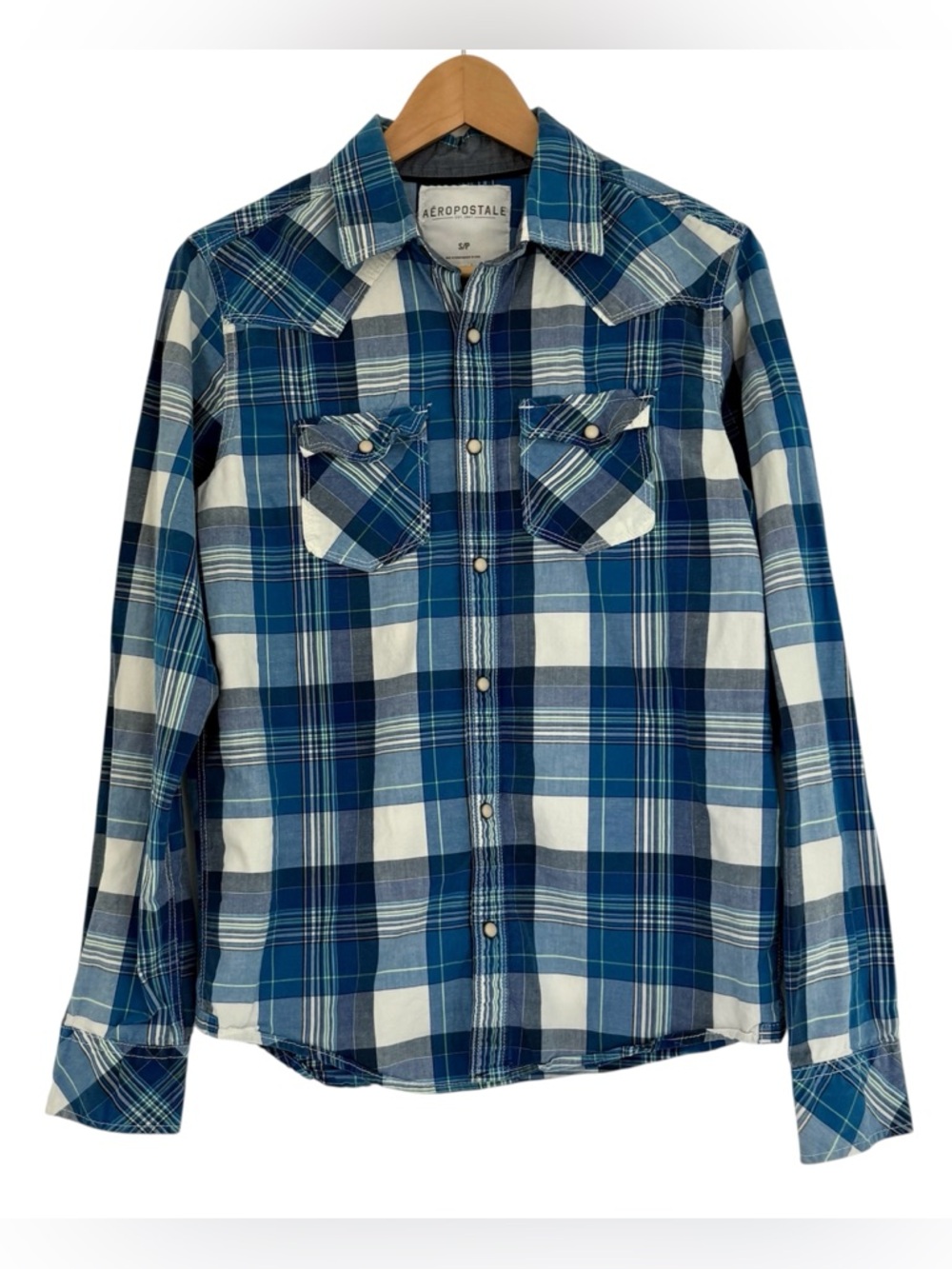 Aeropostale Pearl Snap Western Blue Plaid Button Up Shirt Men’s Small